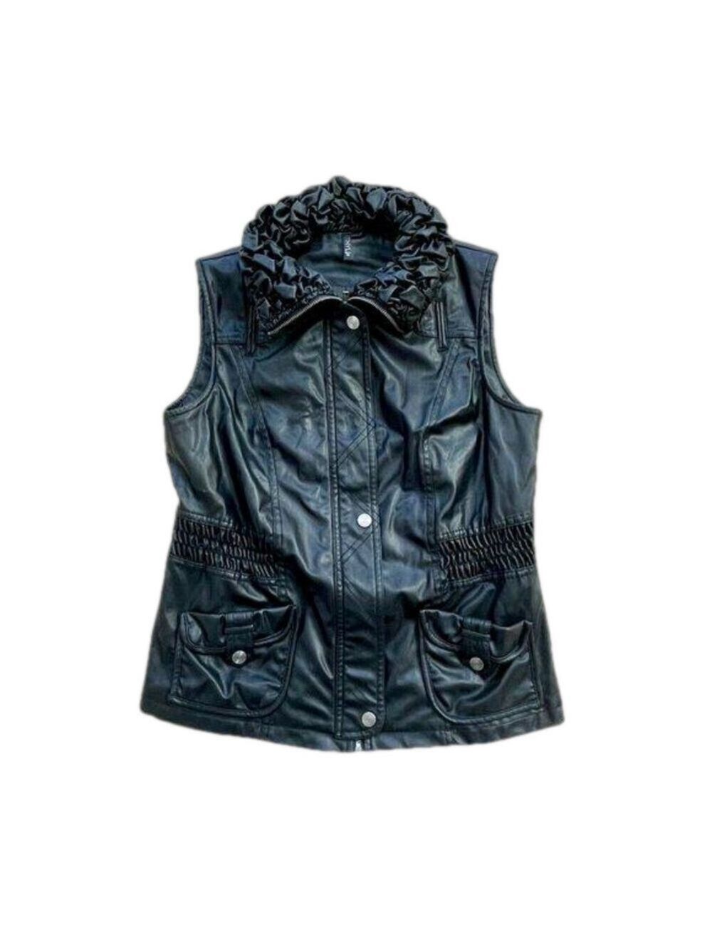 Black Vegan Leather Ethyl Vest, Ruffled Collar, Size M - Picture 6 of 14